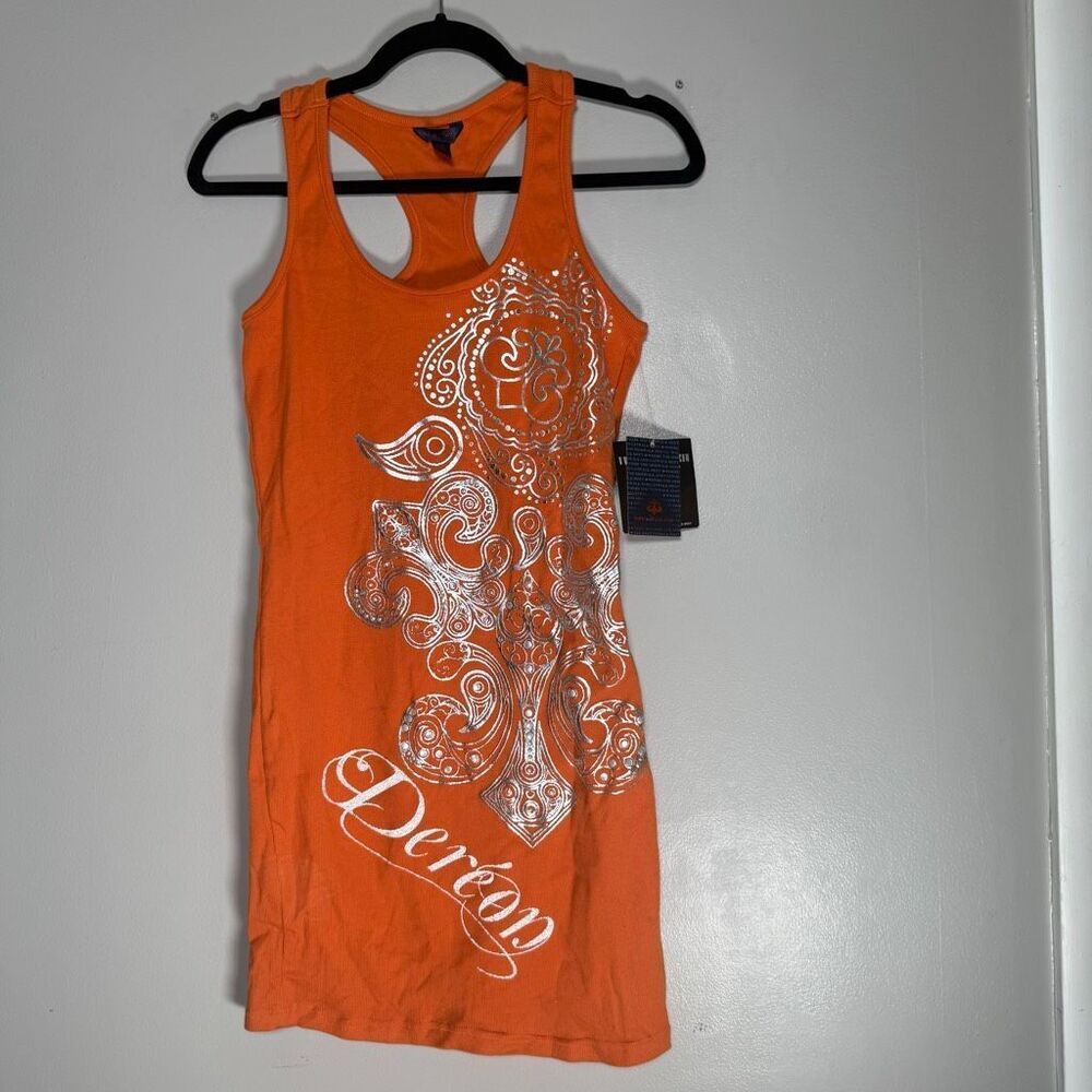 NWT Dereon Orange Racerback Bodycon Dress Silver Filigree Graphic Y2K Orange